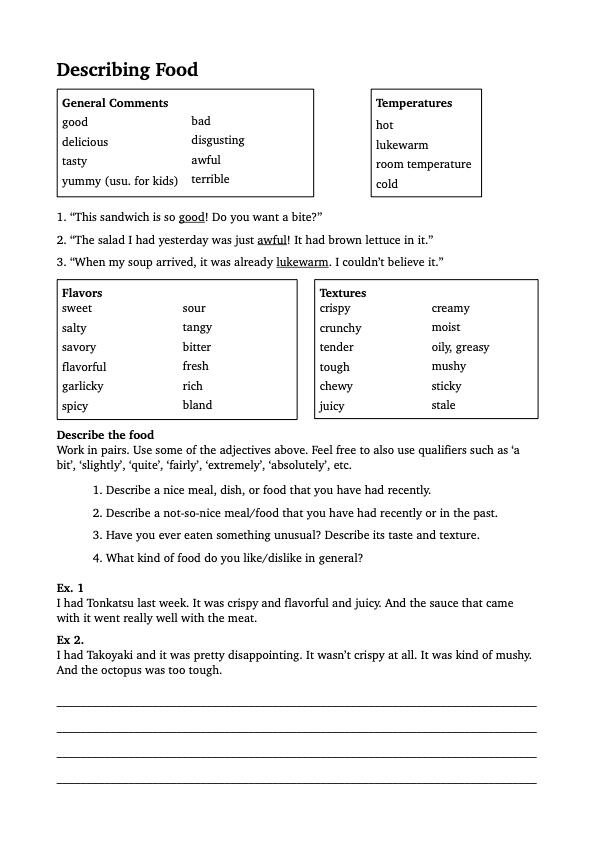 Handout on describing food in terms of flavors and textures Handout on describing food in terms of flavors and textures